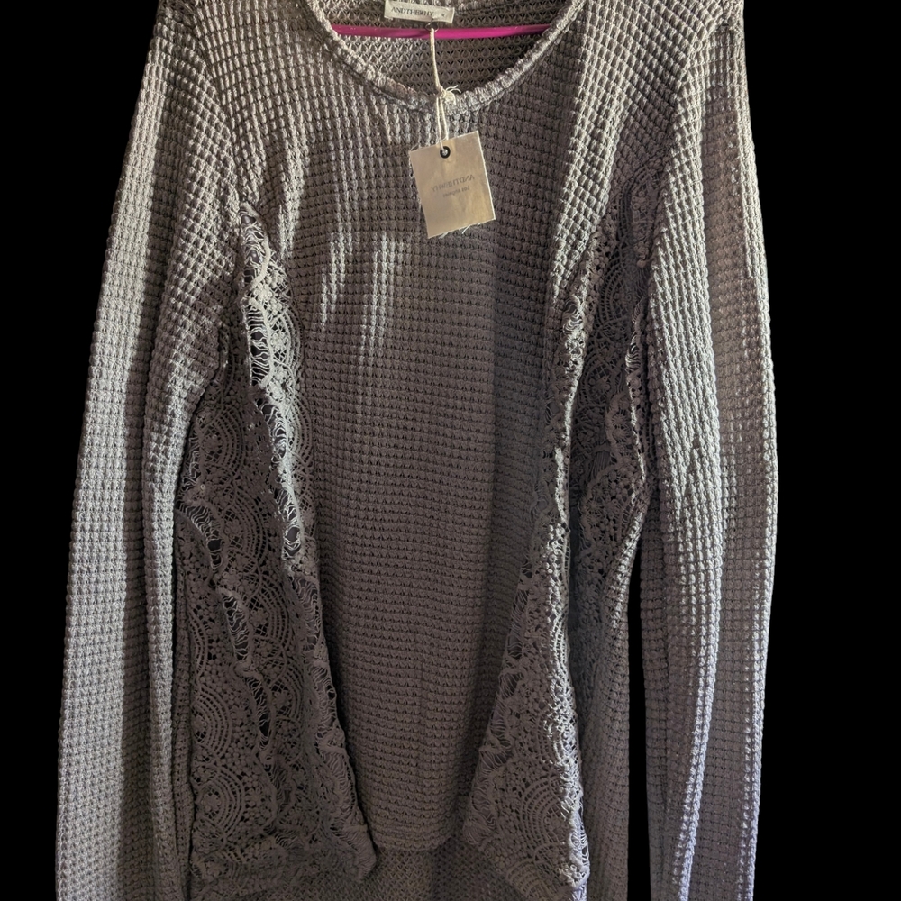 Gray Waffle Knit Sweater with Lace Detail